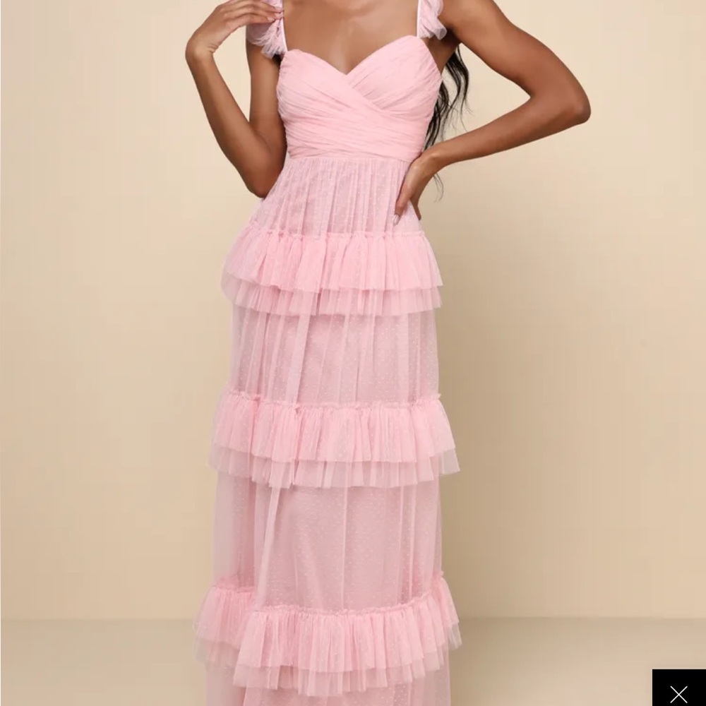 Lulus Pure Radiance Pink Mesh Swiss Dot Tiered Maxi Dress